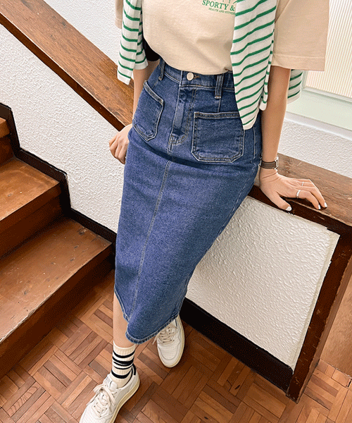 two-pocket inner band midi jean skirt