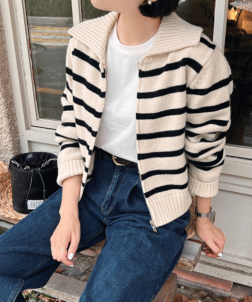 Collar Stripe Wool Knit Cardigan